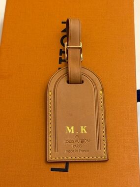 Louis Vuitton Tan Leather Luggage Tag with Gold Foil Initials